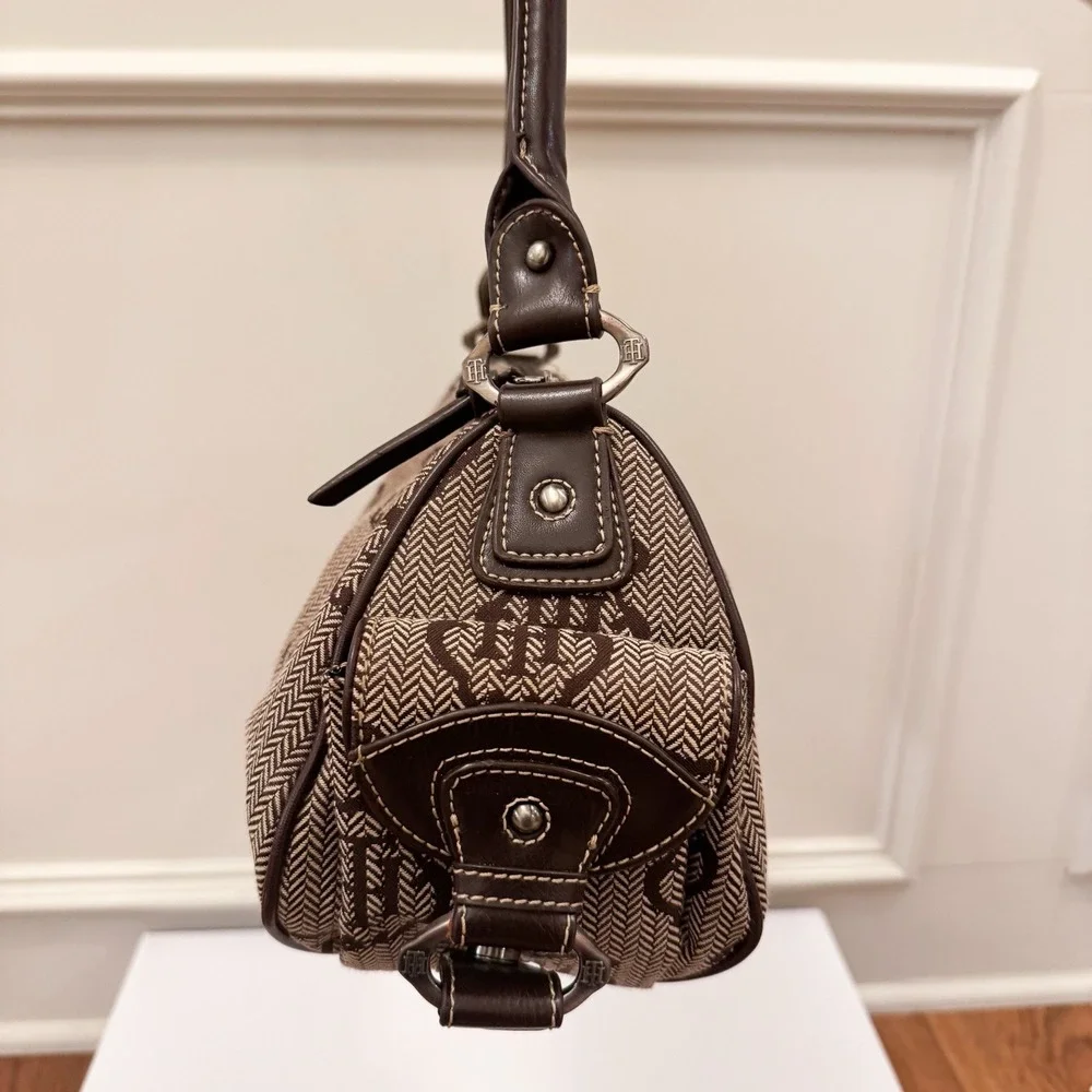 Vtg Y2K Tommy Hilfiger Logo Brown Purse Shoulder Bag Fall Herringbone‎ EUC